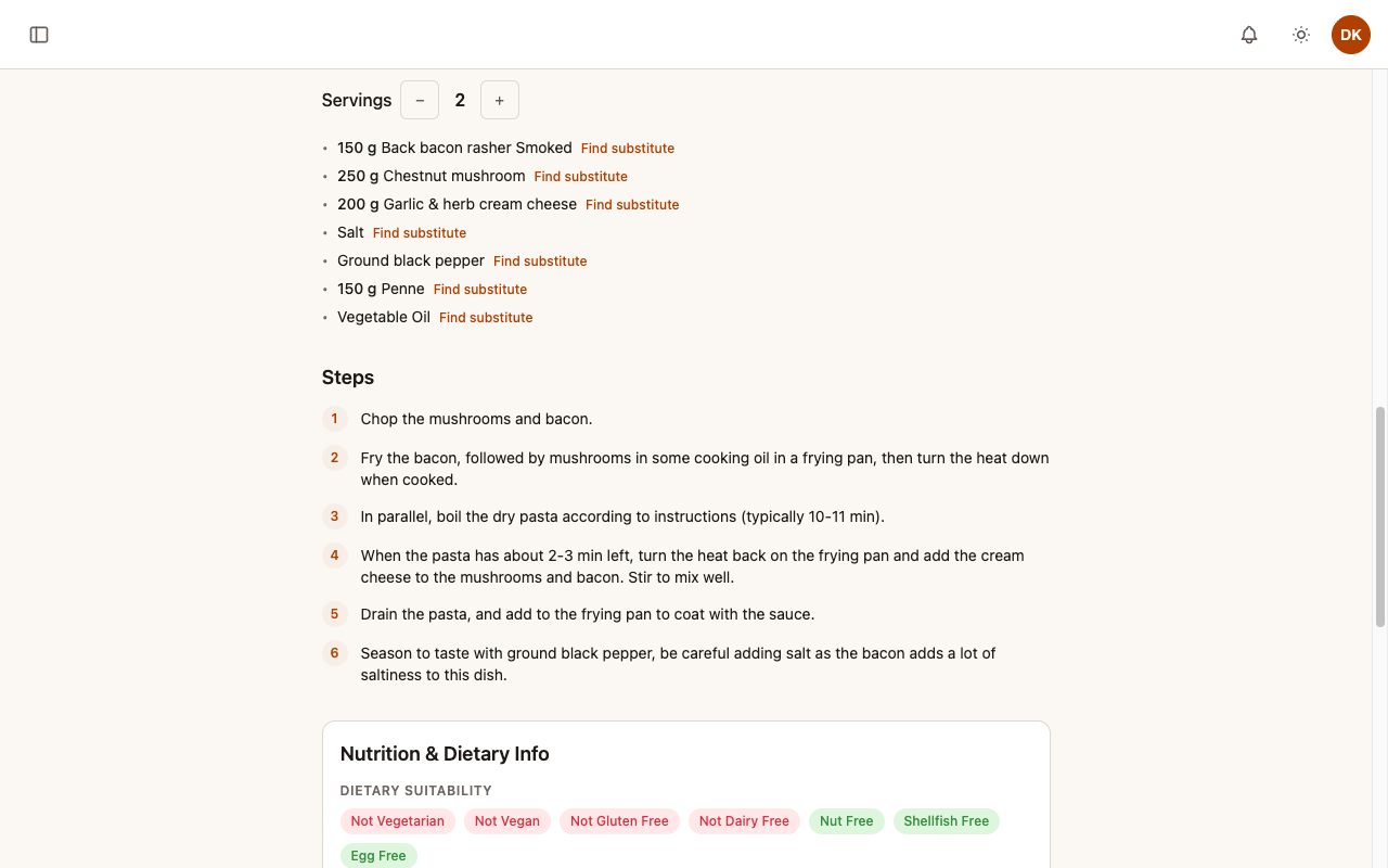 A recipe in FeastAhead showing ingredients and numbered cooking steps