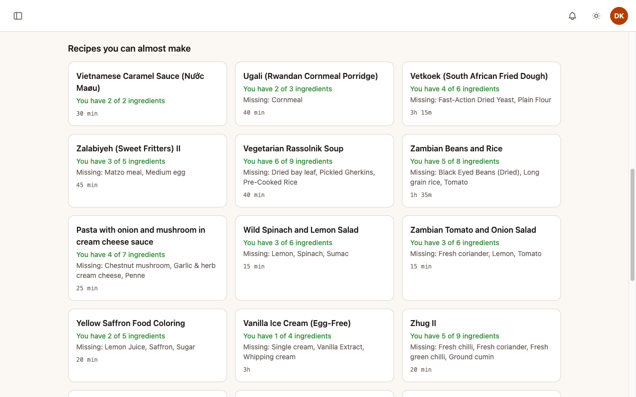 Recipe suggestions ranked by fewest missing ingredients for what you already have